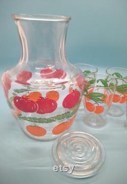 Serving Dishes, Juice Carafe, Juice Glasses, Anchor Hocking, Lidded Juice Carafe, Four Juice Glasses, Tomatoe Orange Pattern, MCM, 1950s Vtg