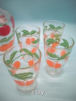 Serving Dishes, Juice Carafe, Juice Glasses, Anchor Hocking, Lidded Juice Carafe, Four Juice Glasses, Tomatoe Orange Pattern, MCM, 1950s Vtg