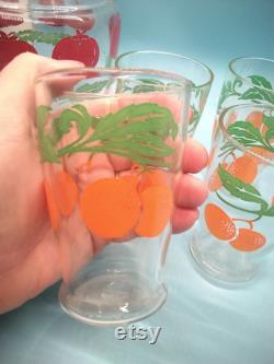 Serving Dishes, Juice Carafe, Juice Glasses, Anchor Hocking, Lidded Juice Carafe, Four Juice Glasses, Tomatoe Orange Pattern, MCM, 1950s Vtg