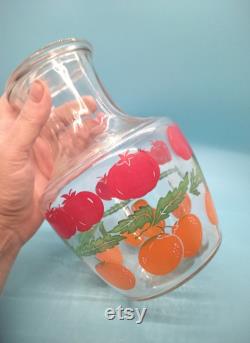 Serving Dishes, Juice Carafe, Juice Glasses, Anchor Hocking, Lidded Juice Carafe, Four Juice Glasses, Tomatoe Orange Pattern, MCM, 1950s Vtg