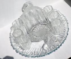 Set New Unused Vintage Czech Crystal Set Carafe 6 shots Glass Plate Whiskey Brandy Decanter 750 Vintage Glass Handmade Glass Cutting Crystal