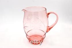 Set Vintage Art Deco Carafe Mug 1930 Pink Rosalin Bauhaus Cut Flowers Engraving Roses 30s 20pcs Glass Juice Water