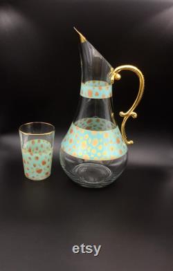 Set of 7 Green Leopard Patterned Carafe, Glass Carafe and Cup, Glass Pitcher, Handmade Decanter Set, Water Pitcher, Cocktail Pitcher
