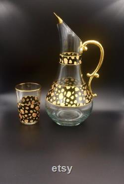 Set of 7 Green Leopard Patterned Carafe, Glass Carafe and Cup, Glass Pitcher, Handmade Decanter Set, Water Pitcher, Cocktail Pitcher