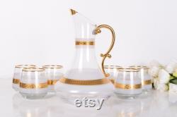 Set of 7 White Vintage Carafe with Goldwork, Glass Carafe and Cup, Glass Pitcher, Handmade Decanter Set, Water Pitcher, Cocktail Pitcher
