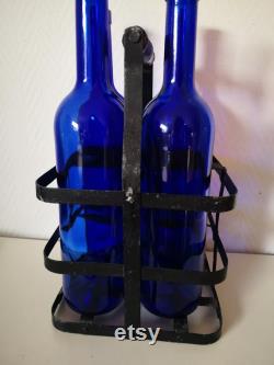 Set of carafes old glass cobalt blue with bottle door painted metal and wood vintage French
