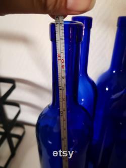 Set of carafes old glass cobalt blue with bottle door painted metal and wood vintage French