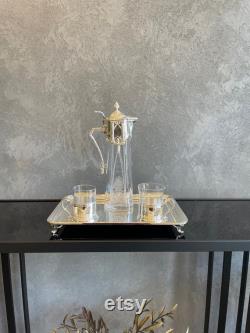 Silver pitcher, pitcher set, pitcher and glass set, pitcher with lid, glass pitcher, pitcher tray and glasses, crystal pitcher, Karafaki