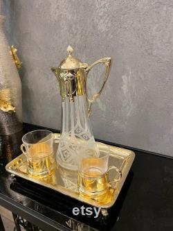 Silver pitcher, pitcher set, pitcher and glass set, pitcher with lid, glass pitcher, pitcher tray and glasses, crystal pitcher, Karafaki