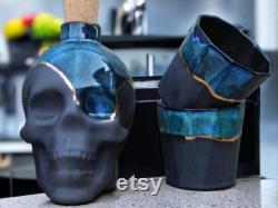 Skull Carafe Sets, Handmade Ceramic Carafe, 24 Carat Gold Embroidered Skull Set, Unique Bar Gift, Unique Handmade Ceramic Carafe