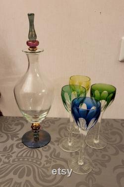 Stained glass carafe set with 4 stained glass wine glasses, all mouth-blown in great condition