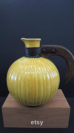 Stangl Rare Carafe Wood Handled Persian Yellow Rainbow Glaze Pitcher Colonial Pattern 1930's M C M Great Condition No Stopper