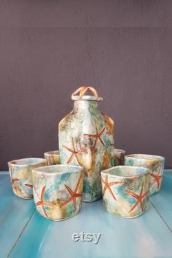 Starfish Carafe Ceramic Set, 7 Piece Set, Wine Carafe, Housewarming Gift, Handmade Carafe, Ceramic Glasses, Ceramic Art