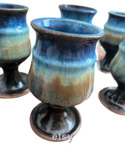 Stunning Vintage Stoneware Drip Glaze Carafe with 6 Goblets Beautiful Blue Pottery