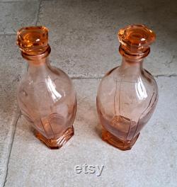 Stunning, set of two, vintage, French, Art Deco style, Rose, Depression glass carafes. Circa 1940's 50's
