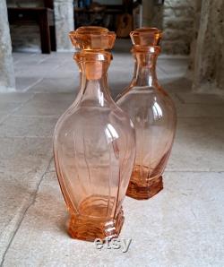 Stunning, set of two, vintage, French, Art Deco style, Rose, Depression glass carafes. Circa 1940's 50's