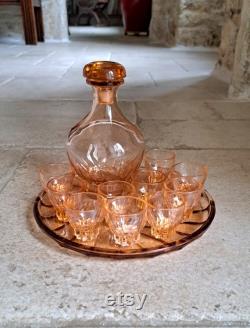 Stunning, vintage, French, 1940's, Art Deco style, Rose, Depression glass Eau-de-vie Carafe set with tray