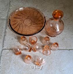 Stunning, vintage, French, 1940's, Art Deco style, Rose, Depression glass Eau-de-vie Carafe set with tray