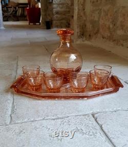 Stunning, vintage, French, 1940's, Art Deco style, pink, Depression glass Eau-de-vie Carafe set with tray