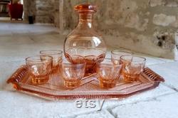 Stunning, vintage, French, 1940's, Art Deco style, pink, Depression glass Eau-de-vie Carafe set with tray
