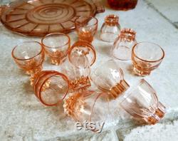 Stunning, vintage, French, 1940's pink Depression glass Eau-de-vie Carafe set with tray