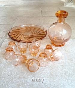 Stunning, vintage, French, Art Deco, Rose, Depression glass Eau-de-vie Carafe set with tray. Circa 1930's 40's