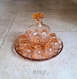 Stunning, vintage, French, Art Deco, Rose, Depression glass Eau-de-vie Carafe set with tray. Circa 1930's 40's