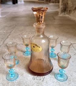 Stunning, vintage, French, Art Lorrain, Amber and blue glass, Service Liqueur Carafe set by Verreries Lorraines Crystal. Circa 1950's 60's