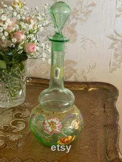 Superb little blown glass decanter. Hand painted. Art Nouveau.Early XX century. France.