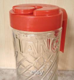 TANG Juice Pitcher 1 Quart Vintage 70s Astronaut Drink Retro 70s Drinkware Anchor Hocking Clear Swirl Glass Carafe And Plastic Orange Lid