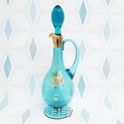 Tall gold starburst aqua blue glass carafe