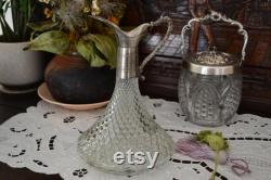 The ancient Ornate claret carafe, made of glass and silver metal. Vintage from the 1950s, very rare collection.