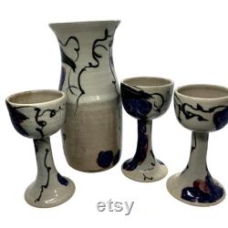 Three Stoneware Goblets and Carafe Studio Pottery Grapes Vines Handpainted Signed