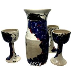 Three Stoneware Goblets and Carafe Studio Pottery Grapes Vines Handpainted Signed