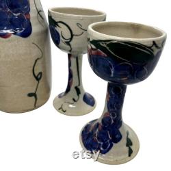 Three Stoneware Goblets and Carafe Studio Pottery Grapes Vines Handpainted Signed