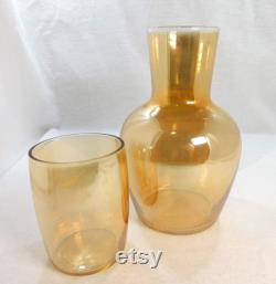 Tumble Up Orange Carnival Glass Carafe and Glass Plain Sides 6.5 Tall Vintage Depression Glass Bedroom Bathroom Decor