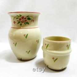 Tumble Up Vintage Ceramic Bedside Water Carafe and Cup Pink and Green Tulips 1985