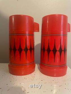 Two vintage red and black one pint thermoses vintage mid century modern red and black diamonds