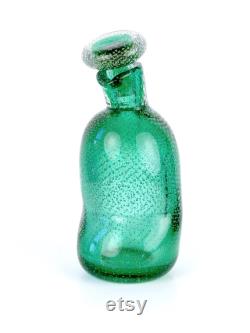 Veronese mouth-blown and bubbled crystal decanter, green and gold Interior decoration Design Murano Italy