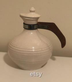 Vintage 1930's Bauer Pottery Fully Marked White Monterey Carafe Pitcher with Lid Wood Handle No Damage Rare Piece 8 1 2 Tall