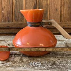 Vintage 1930's Catalina Island Coffee Carafe with Lid and Wooden Handle, Toyon Red Glaze, California Pottery, Orange Coffee Carafe