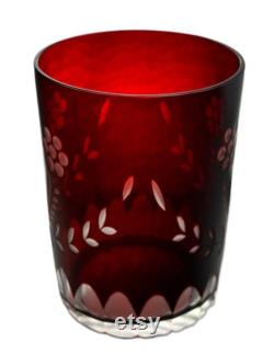 Vintage 1950's Bohemian Czech Ruby Red Cut to Clear Bedside Nightstand Water Carafe and Tumbler Glass, Grade AAA