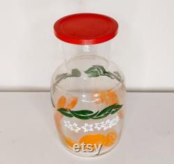 Vintage 1970 s Anchor Hocking Orange Juice Glass Carafe Container Pitcher with lid, Retro Orange Juice Carafe