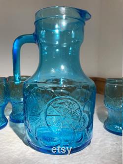 Vintage 1970s Italian Fidenza Vetraria Bormioli Rocco Blue Embossed Glass Juice Carafe Pitcher With 5 Glasses