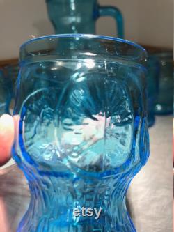 Vintage 1970s Italian Fidenza Vetraria Bormioli Rocco Blue Embossed Glass Juice Carafe Pitcher With 5 Glasses