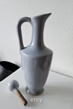 Vintage Art Deco Gray Glazed Stoneware Handled Carafe Jug withBall Stopper