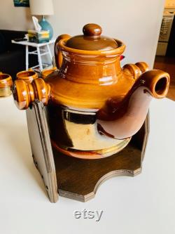 Vintage BEAUCEWARE Pottery Hot Drink Carafe with Stand, Hot Chocolate, 4 Litre, 140 fl. oz. Coffee Decanter on Wooden Stand, Hot Toddy Jug
