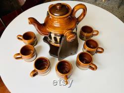 Vintage BEAUCEWARE Pottery Hot Drink Carafe with Stand, Hot Chocolate, 4 Litre, 140 fl. oz. Coffee Decanter on Wooden Stand, Hot Toddy Jug