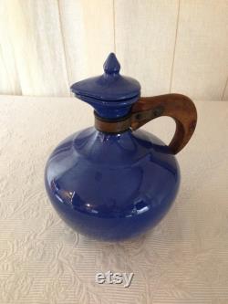 Vintage Bauer Pottery Plainware Coffee Carafe in Dark Blue with Wooden Handle 03480