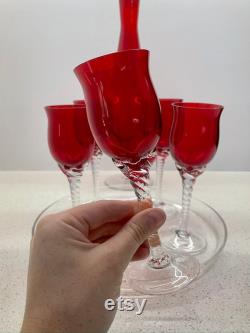 Vintage Bohemia Ruby Crystal Carafe and Glasses Set Vintage Glassware